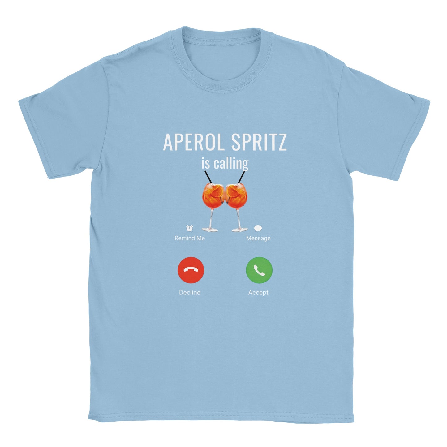Rolig afterski tröja med texten 'Aperol Spritz is calling' bild med svara eller avvisa-ikoner och bild på två glas med aperol spritz.