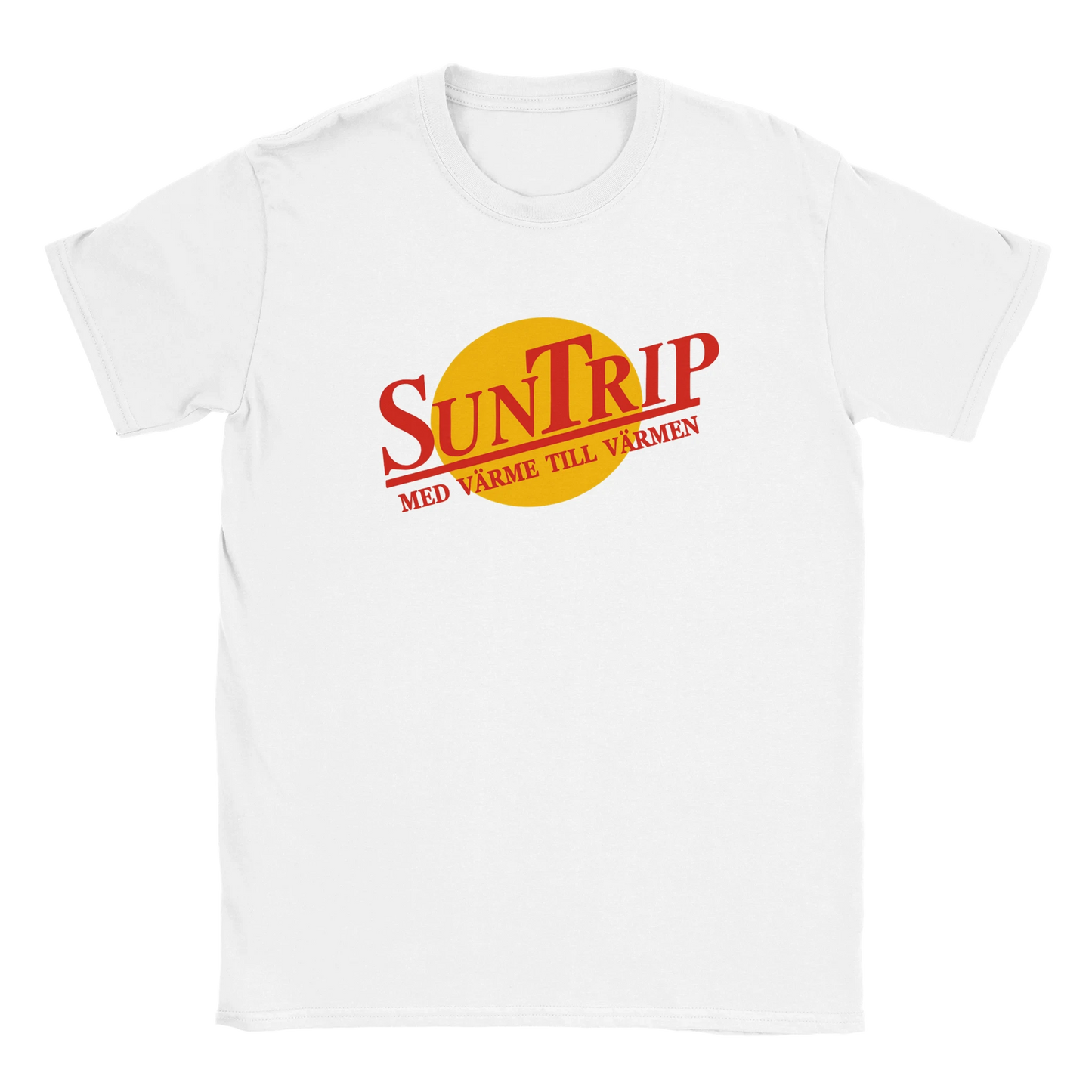 Vit t-shirt med trycket Suntrip. Sällskapsresan tröja och merch. Rolig tröja med tryck.