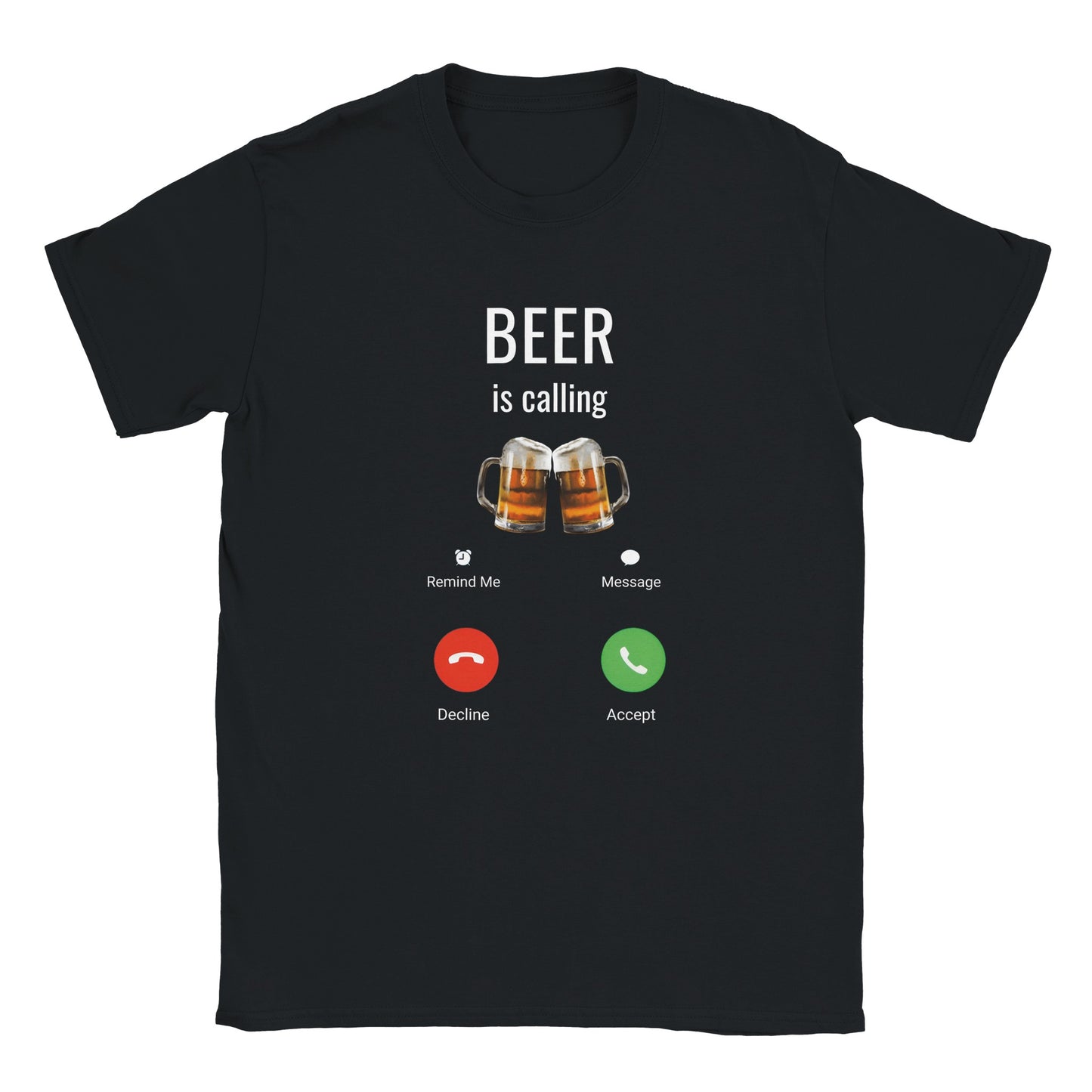 Svart t-shirt med rolig design - text 'Beer is calling' med svara/avvisa-ikoner. Rolig festtröja med öltema.