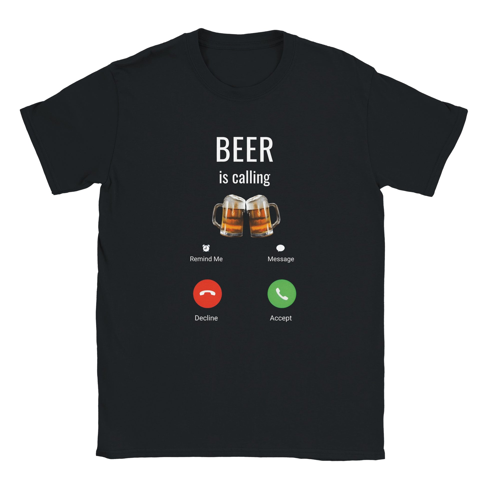 Svart t-shirt med rolig design - text 'Beer is calling' med svara/avvisa-ikoner. Rolig festtröja med öltema.