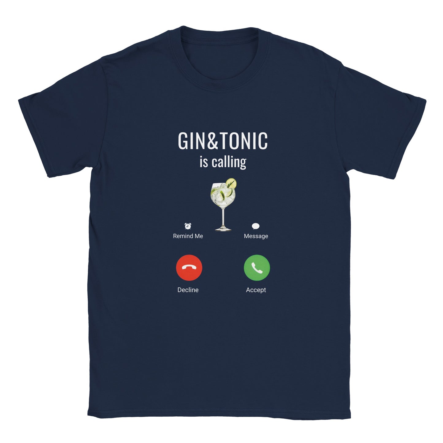 Mörkblå rolig t-shirt med trycket Gin&Tonic is calling - design med en gin och tonic illustration och svara/avvisa-ikoner.