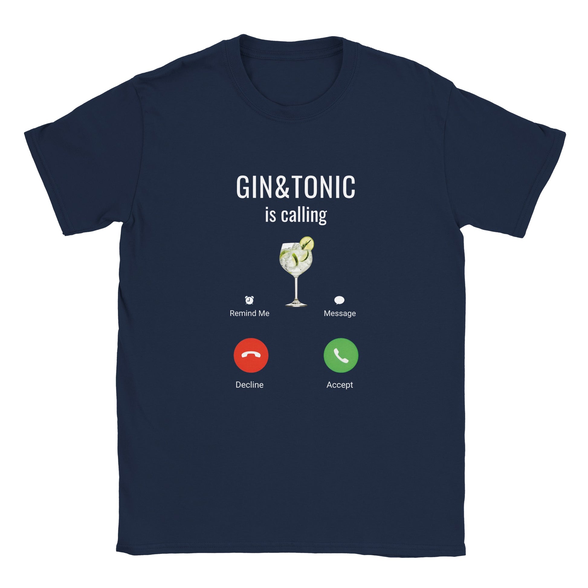 Mörkblå rolig t-shirt med trycket Gin&Tonic is calling - design med en gin och tonic illustration och svara/avvisa-ikoner.