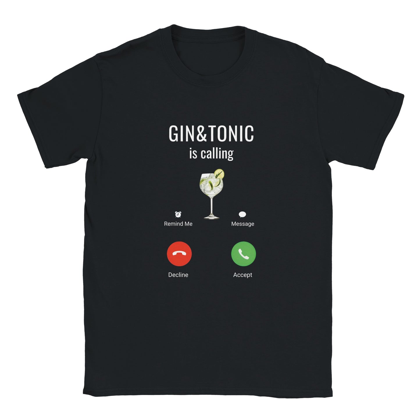 Svart T-shirt med trycket 'Gin & Tonic is calling' – rolig design med gin & tonic-glas och telefonikoner.