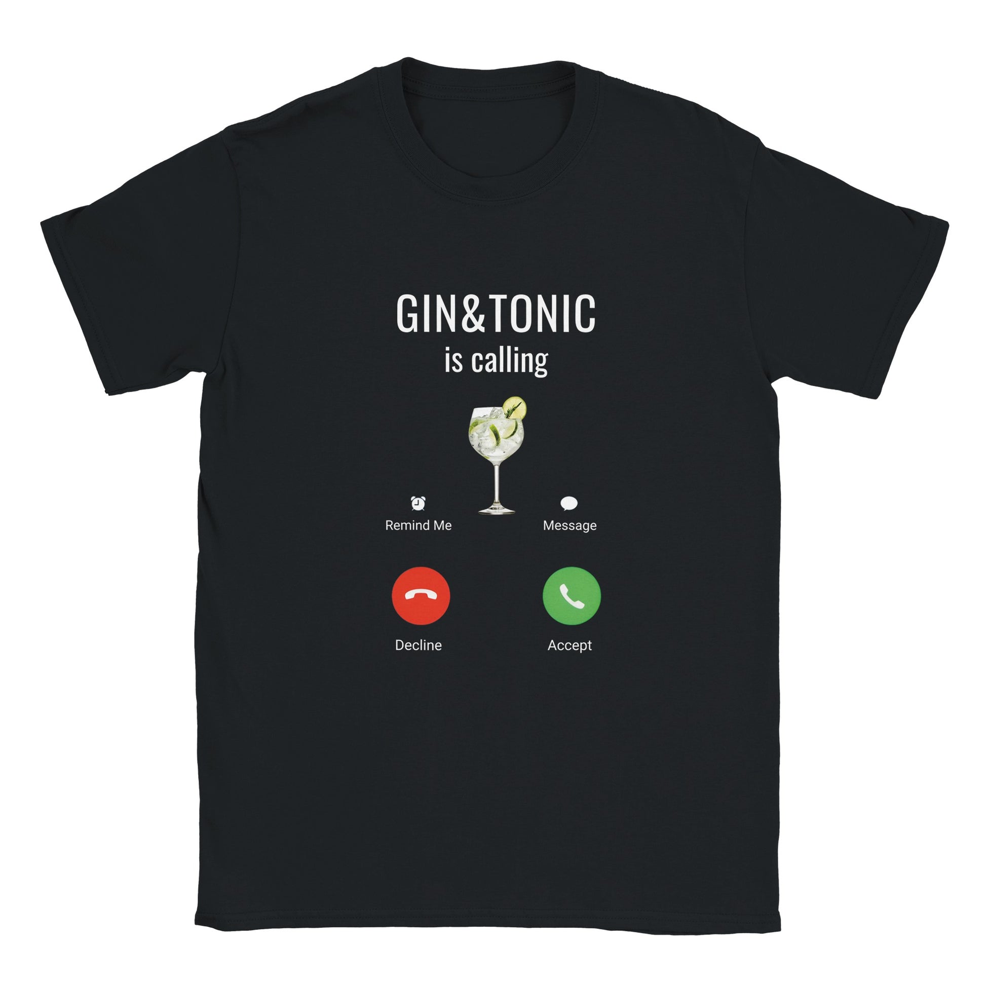 Svart T-shirt med trycket 'Gin & Tonic is calling' – rolig design med gin & tonic-glas och telefonikoner.