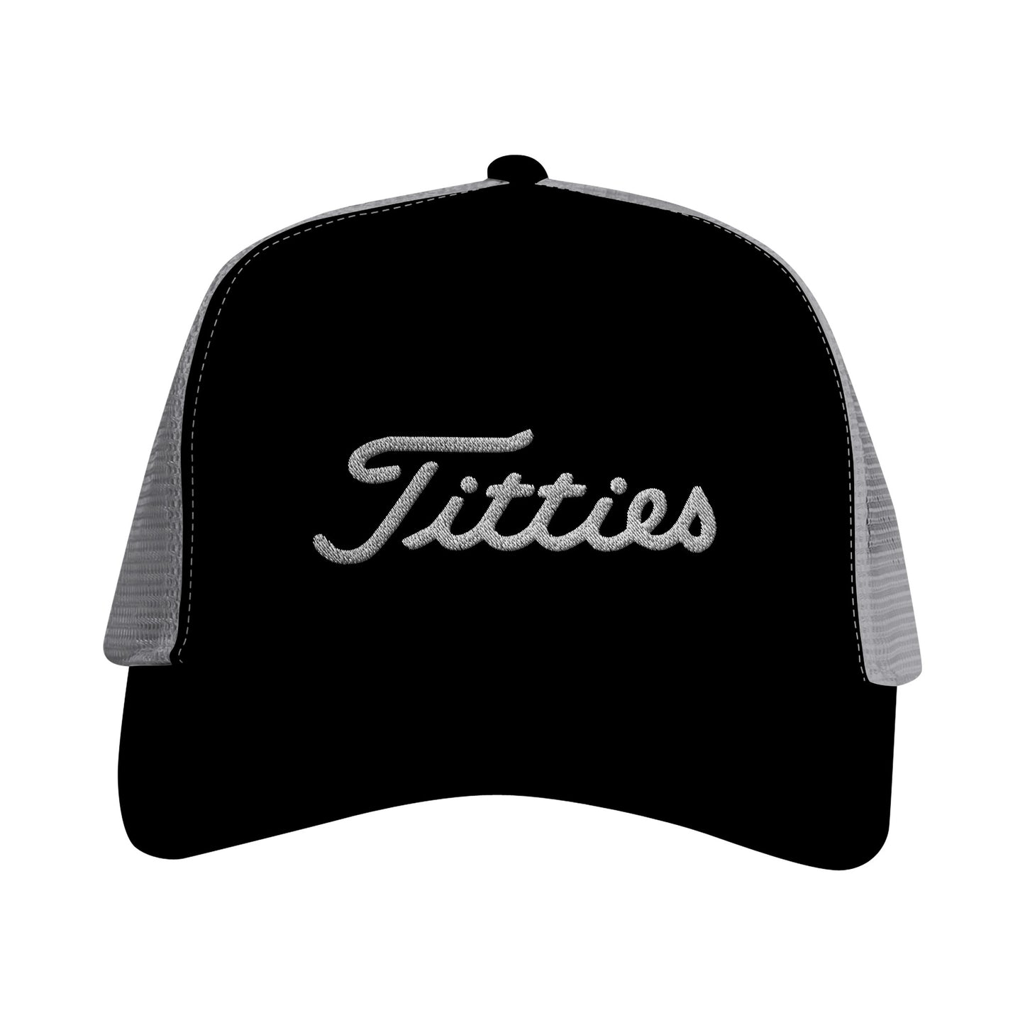 Svart keps med texten Titties istället för Titleist. Rolig keps, golfkeps.