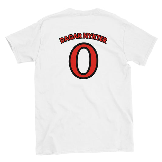 Rolig t-shirt med texten “Dagar nykter 0”, alkoholsatir och krog-humor, unisex herr/dam – Merchoteket