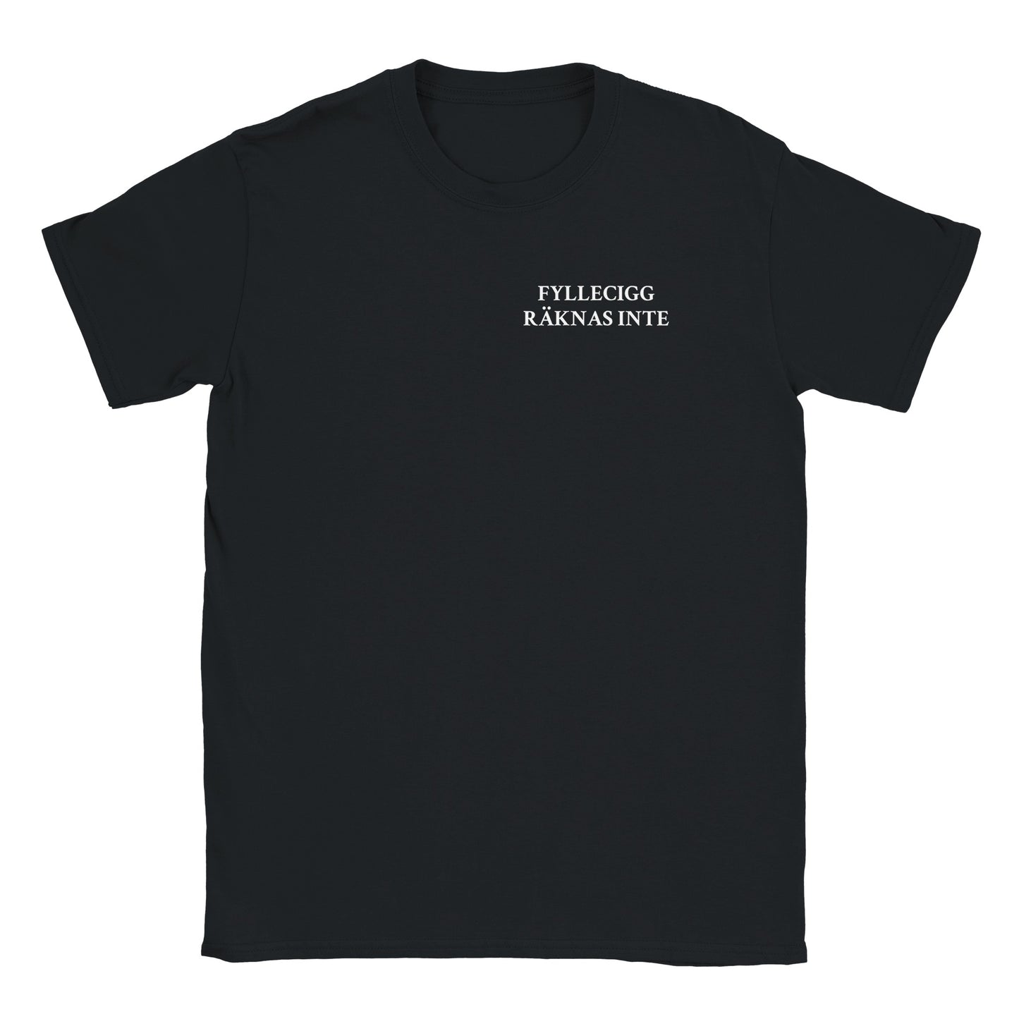 Rolig t-shirt med texten “Fyllecigg räknas inte”, fest- och rökhumor, unisex herr/dam – Merchoteket