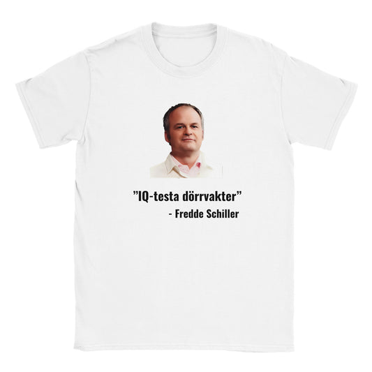 Rolig t-shirt med texten “IQ-testa dörrvakter”, klubb- och dörrvakthumor, unisex herr/dam – Merchoteket