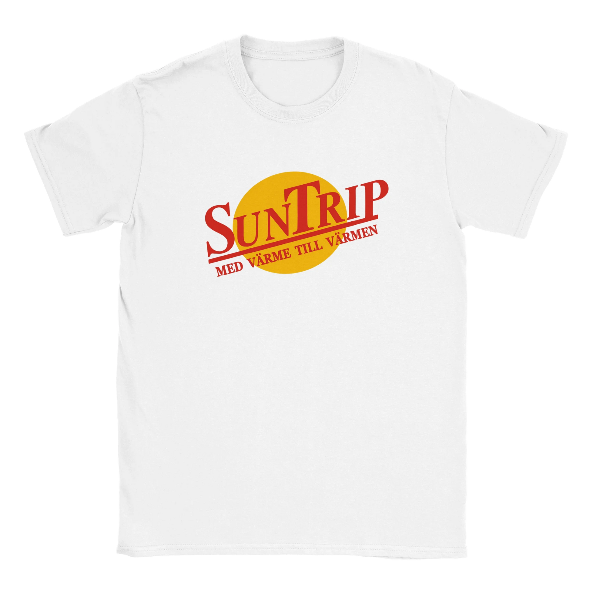 Vit t-shirt med trycket Suntrip. Sällskapsresan tröja och merch. Rolig tröja med tryck.